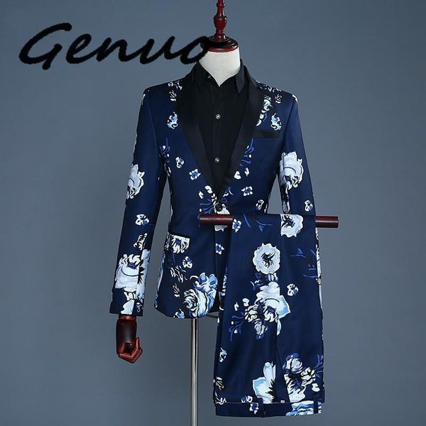 

genuo new 2020 tide men navy blue floral print fashion casual suits latest coat pant designs wedding groom stage costume, White;black