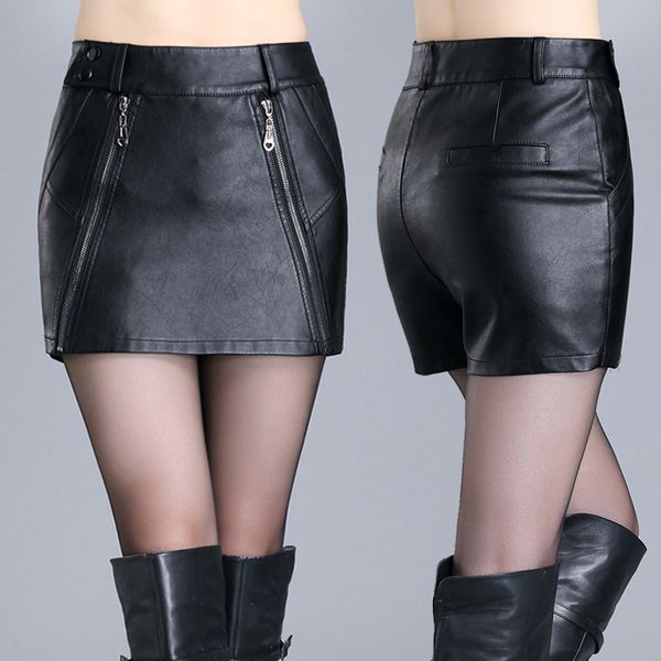 

2020 new high waist thin package hip skirt korean slim large size pu leather shorts shirt, White;black