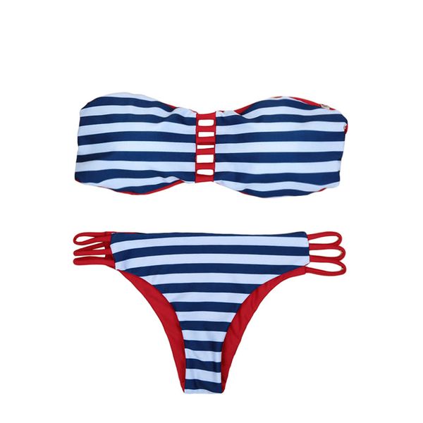 

beachwear 2019 women strapless bikini set contrast stripe bottom beach swimwear swimsuit bathing suit dark blue gs084db-l