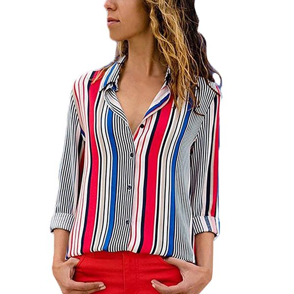 

womens and blouses ladies casual cuffed long sleeve v-neck button up striped shirt lightweight and straps #20, White