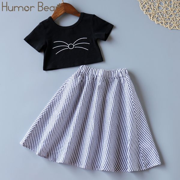 

humor bear summer new kids clothes for girls 2pcs cartoon short t-shirt+stripe long skirts children toddler girls clothing sets, White