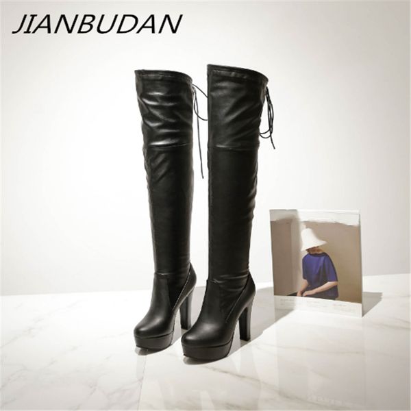 

jianbudan women's autumn boots 13cm super high heel pu leather over the knee boots mature women thigh size plus 34-45, Black