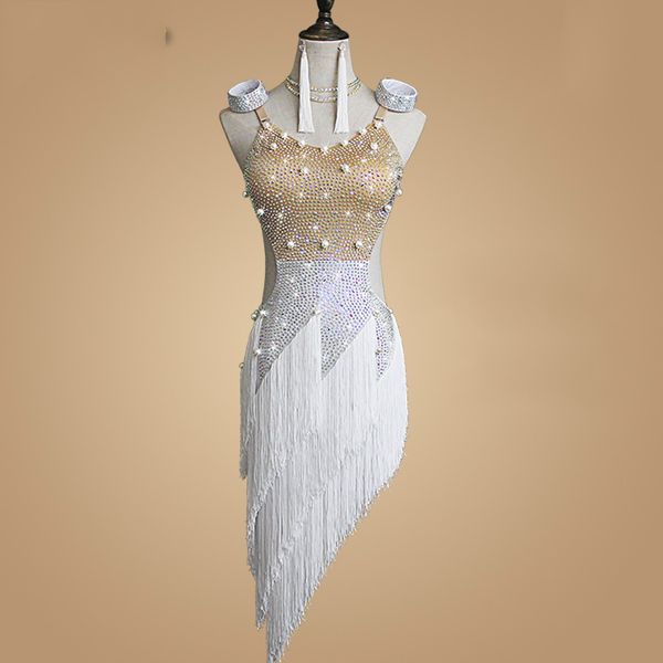 

customized latin dance dress rhinestone pearl tassel dress lady dancing skirt women stage performance wear dwy1979, Black;red