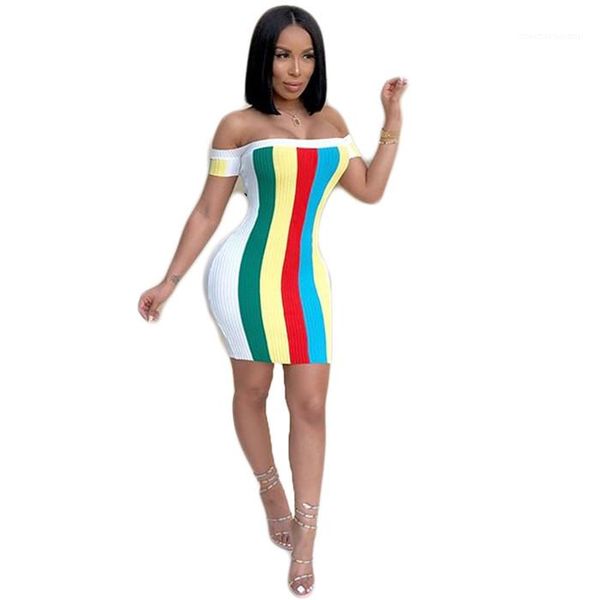 

fashion casaul ol clothes ladies slash neck dress summer designer womens rainbow striped print sleeveless bodycon dresses females, Black;gray