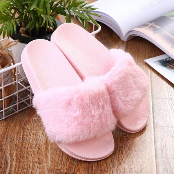 

women slippers plush fashion ladies autumn winter flip flops solid color casual fluffy faux fur plush slippers zapatos mujer, Black