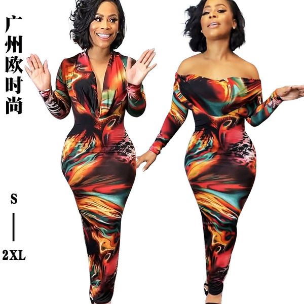 

casual dresses european and american fashion v-neck skinny low-cut printed women's dress, Black;gray