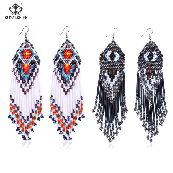 

royalbeier bohemian handmade beaded long tassel earrings for women jewelry multicolor beads statement earrings ethnic drop, Silver