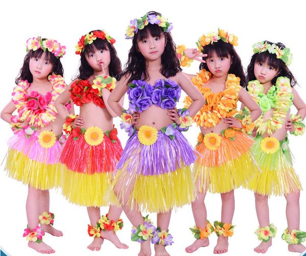 Commercio all'ingrosso 30 set / lotto Hawaii Hula Skirt Set Costume hawaiano Gonna Bambini Hula Dance Set Hawaiian Grass Gonne per feste 5 colori