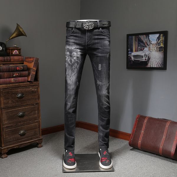 

wolf head personality jeans men spring and summer popular logo laser print slim slim pants trend fashion handsome pants, Blue