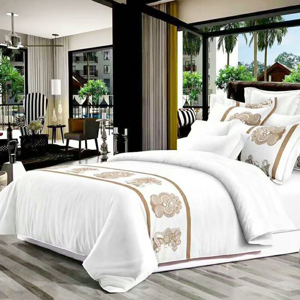

5-star l white luxury pure cotton satin printing bedding set twin full  king size duvet cover bed flat sheet pillowcase