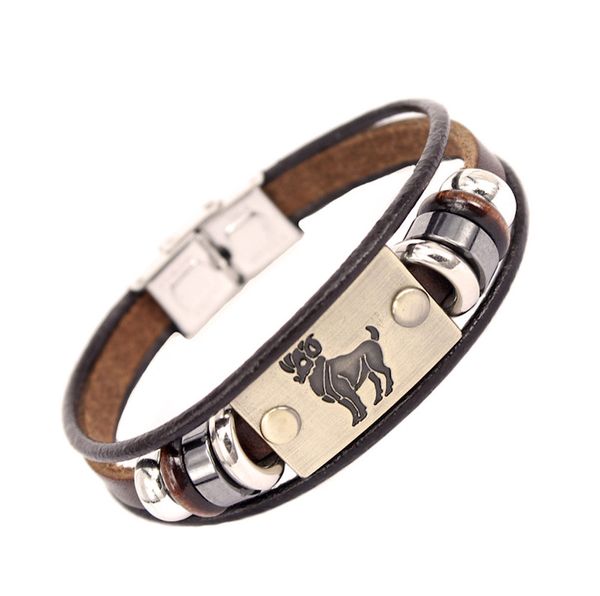 Bracciale con ciondoli con perline con segni zodiacali e chiusura in acciaio inossidabile. Braccialetti in vera pelle vintage alla moda con 12 costellazioni per uomo e donna