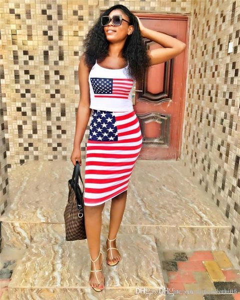 

print womens 2pcs dress summer skinny ladies two piece sets striped print womens clothing the usa flag, White
