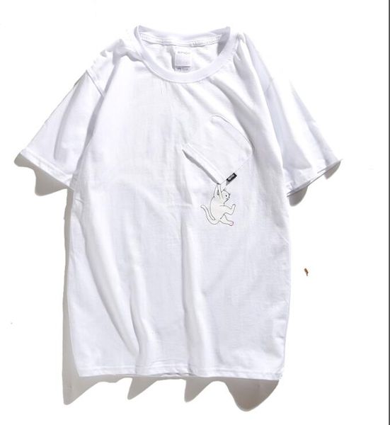 

rip ndip new brand couple short-sleeved pocket hanging cat t-shirt summer cotton loose casual short sleeve, White;black