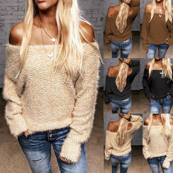 

2020 women autumn spring winter sweater fleece fluffy jumper ladies warm solid pullover off shoulder long sleeve thick soft, White;black