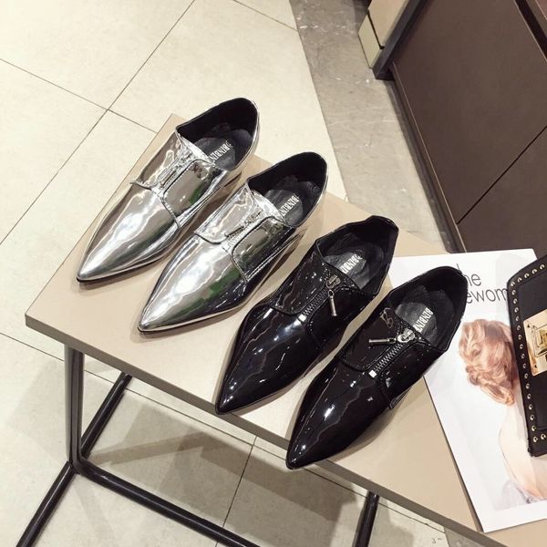 

basic new zip shallow casual pu slip-on lace-up silver women rubber patent leather 2019 spring pointed toe zipper leather woman, Black
