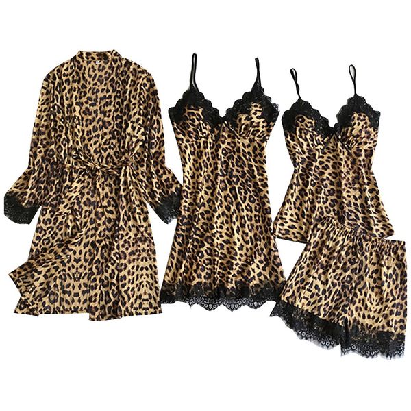 

leopard satin silk pajamas cardigan nightdress bathrobe ladies robes underwear sleepwear leopard lace v-neck women nightdress, Black;red