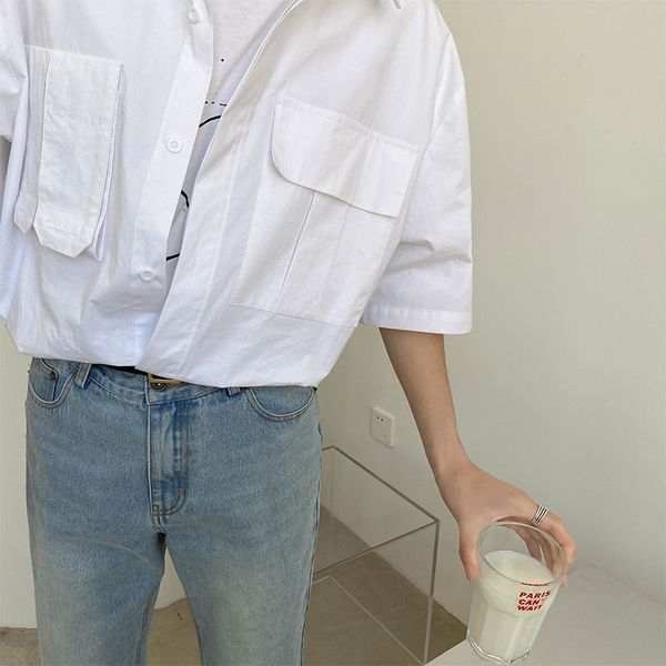 

2020 summer new youth popular loose solid color chest pocket five-point sleeve shirt fashion casual single-breasted shirt white, White;black