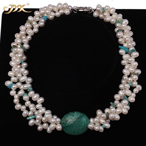 

jyx classic turquoise necklaces natural freshwater pearl with blue turquoise choker 5.5*7m 20" amazing jewelry, Silver