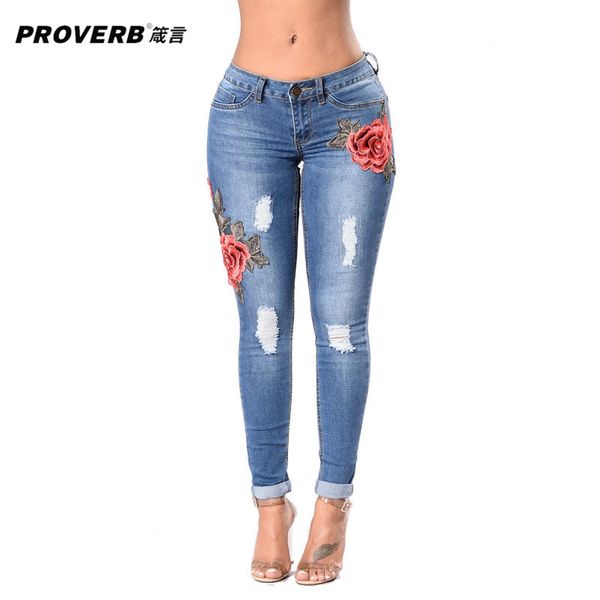 

womans denim pencil pants embroidery brand stretch jeans ladies high waist jeans femme trousers, Blue