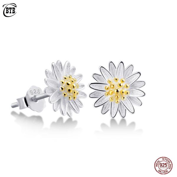 

real 925 sterling silver chrysanthemum earrings small daisy small fresh sun flower stud earrings for women fashion jewelry gift, Golden;silver