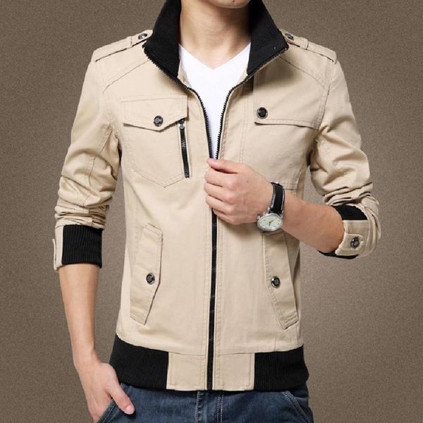 

men solid color stand collar multi pockets jacket winter autumn zipper slim coat, Black;brown