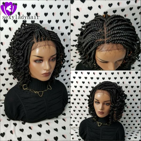 Handgemachte Kinky Curly Box Braids Perücke schwarz/braun/blond/Ombre Farbe kurze geflochtene Lace-Front-Perücke für afrikanische Frauen