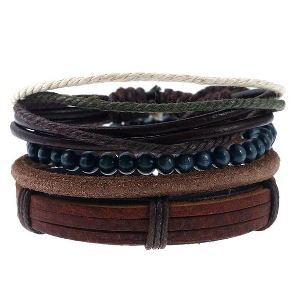 

genuine leather bracelet for men leather rope bangle blue beads charm wrap bracelets 4pcs/lot 2019 homme friendship jewelry, Golden;silver