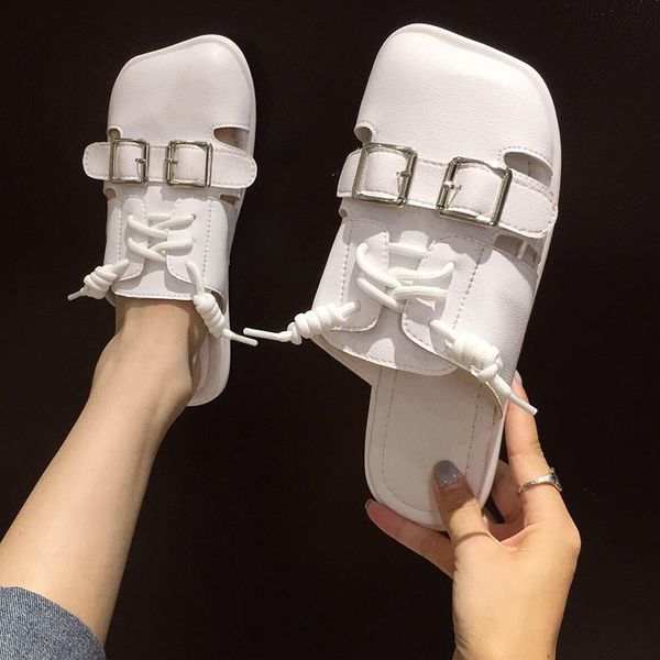 

slippers netcelebrity cutout square toe slip on mules woman cover sandals buckle band cross-tied flat slides women shoes2021, Black