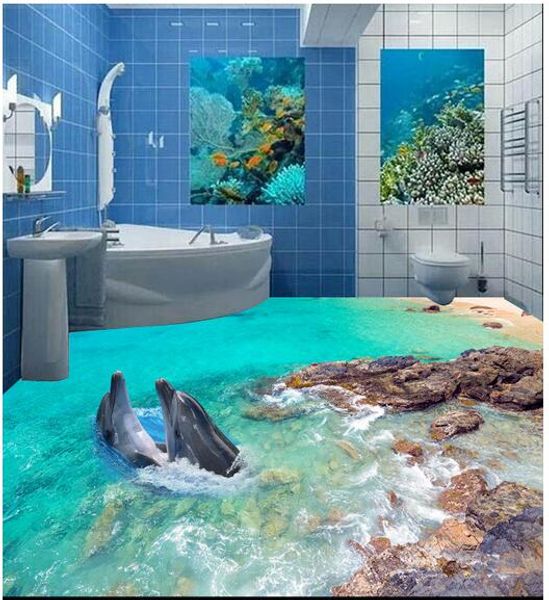 

3d pvc flooring custom p self-adhesive wall paper waterproof floor underwater world dolphin rock 3d wall murals wallpaper for walls 3 d