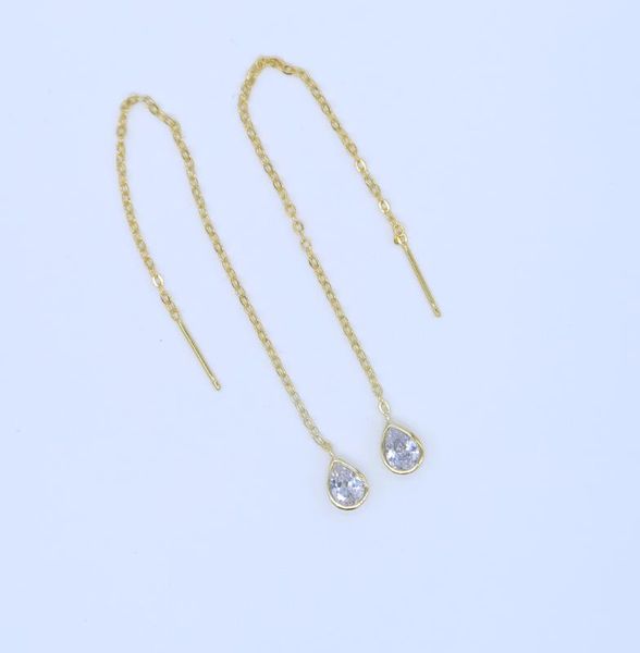 

gold filled long tassel chain single stone tear drop cubic zirconia piercing wire cz long chain dangle earring for women, Silver