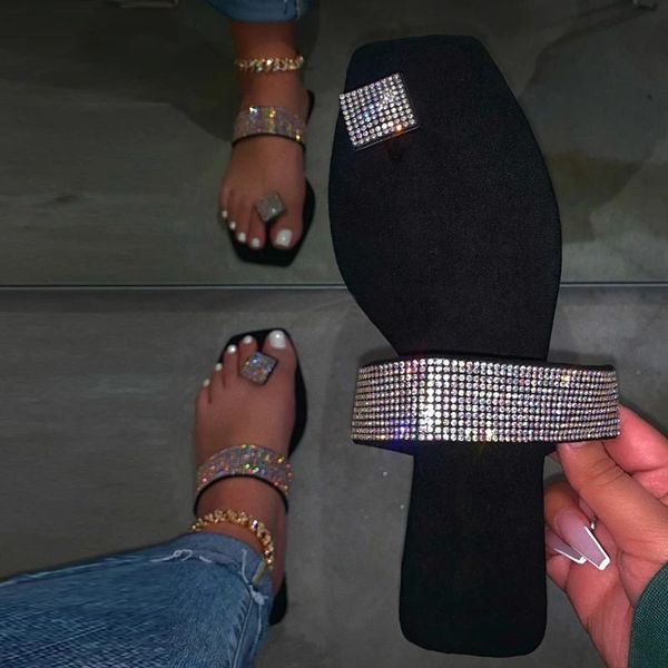 

блеск тапочки женщины 2020 летняя мода bling женский конфеты цвет flipflops пляж кристалл горный хрусталь плоские туфли открытый сандалии, Black