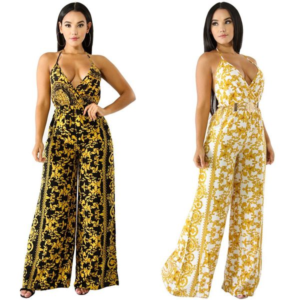 

summer spaghetti strap halter print long jumpsuit floral patter sleeveless wide leg play jumpsuit track, Black;white