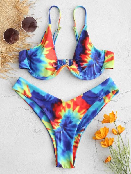 

women high cut bikinis spaghetti straps tie dye plunge underwire bikini set elastic padded swimwear summer beach wear swimsuits