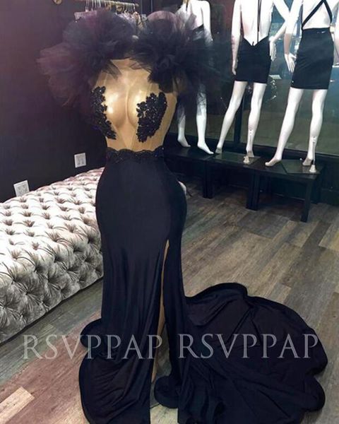 

black mermaid long prom dresses 2020 high slit deep v-neck appliques african girl custom made prom gowns, White;black