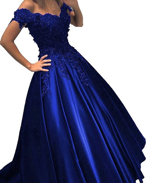 

royal blue prom dresses ball gown off the shoulder lace 3d flowers beaded corset back satin evening formal dress gowns, Black