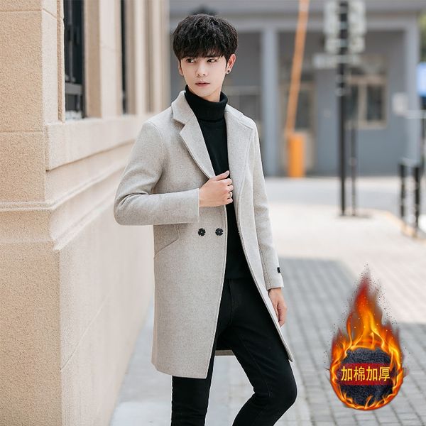 

nice autumn and winter men's long windbreaker thick warm jacket tide men's woolen coat lapel trend korean version of the slim, Black