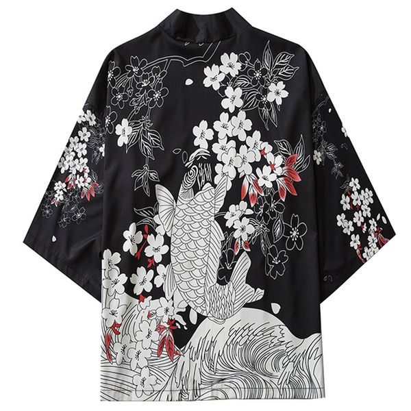 

brand japanese kimono jacket leaping koi fish harajuku hip hop men japan streetwear jacket summer thin clothes loose kimono, Black;brown