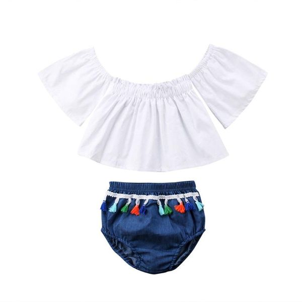 

toddler kids baby girls off shoulder tassels shorts pants outfits, White