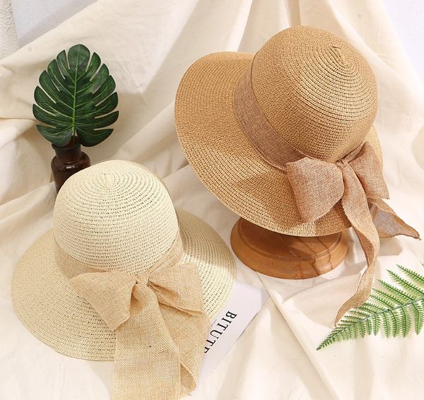 

korean version bowknot ribbon straw hat 2020 new style summer sunshade beach sun protection big along fisherman basin hat for fresh female, Blue;gray