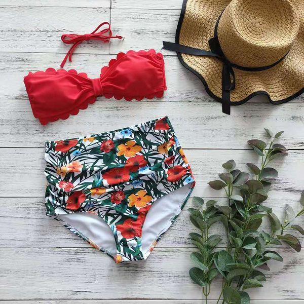 

high waist bikini set 2020 new wave edge printed bottom swimsuit women up bathing suit beachwear biquini female