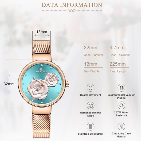 NAVIFORCE Nuovi orologi da donna Top Brand Bellissimo orologio da polso al quarzo femminile con fiori Orologio da ragazza impermeabile con maglia in acciaio inossidabile223S