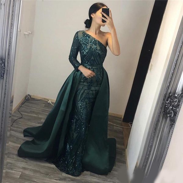 

shiny one shoulder evening dresses with detachable train sequined appliques long sleeves mermaid prom dress overskirts african party gowns, Black;red