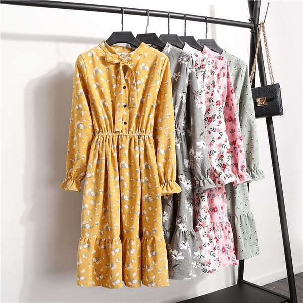 

new 2019 high elastic waist corduroy vintage dress a-line women's full sleeve floral print dresses slim feminino bow neck dress, Black;gray