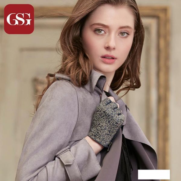 

gsg fingerless women sheepskin leather gloves print black half finger palm driving gloves for lady fashion zipper buckle, Blue;gray