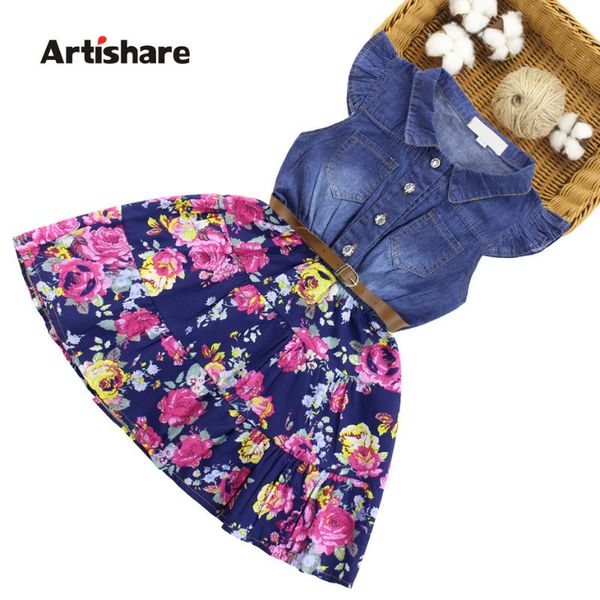 

artishare denim dresses for girls floral kids dress with belt casual dress girl party teenage kids clothes girls 6 8 10 12 14, Red;yellow