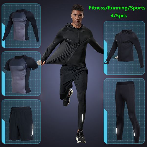 

vansydical men running sets tracksuits 5pcs sportswear gym compression tights men sports suits fitness shirt hooded training, Black;blue