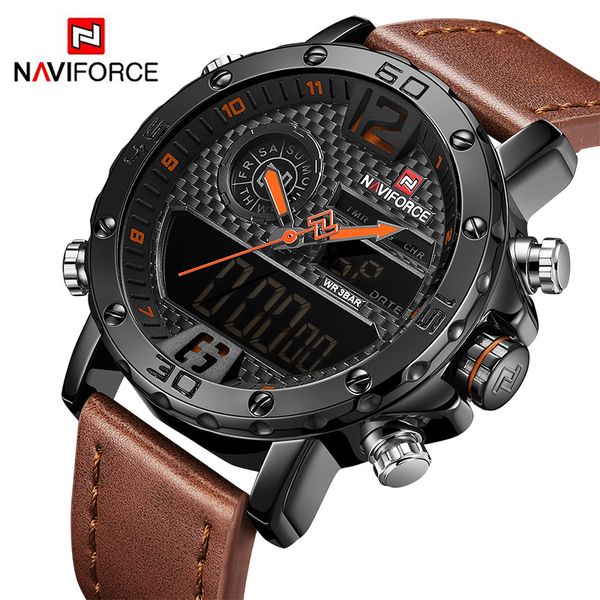 

naviforce to mens watches men leather sports watches men's quartz led digital clock waterproof wrist watch, Slivery;brown