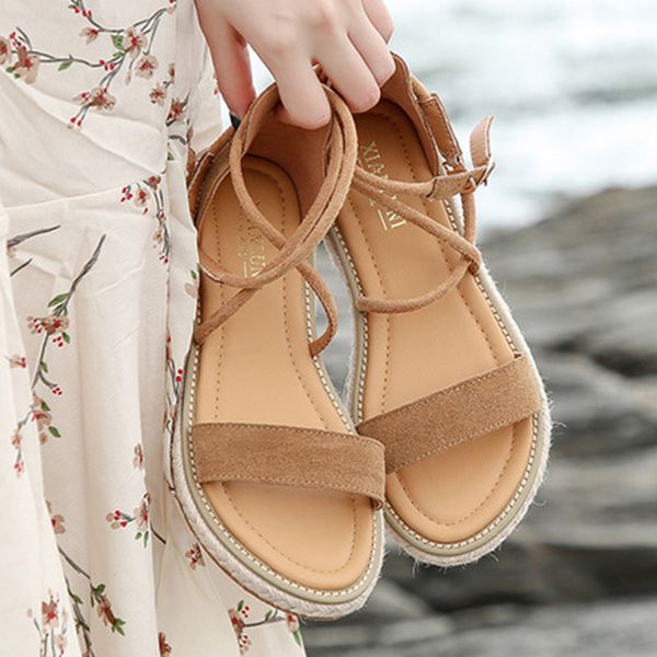 

2020 new beach shoes woman genuine leather sandals for women outdoor cross strap retro buckle female flat sandals sale, Black