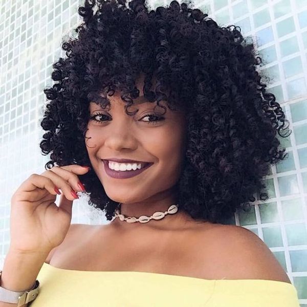 Vendas Hot novo penteado curto bob excêntricas perucas Enrolado Preto brasileiro do cabelo Africano Ameri Simulação cabelo humano peruca curta encaracolado com franja