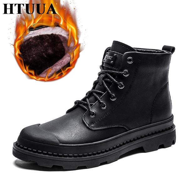 

htuua 38-44 quality cowhide leather work safety shoes men's black autumn winter thick warm plush platform boots men sx3281